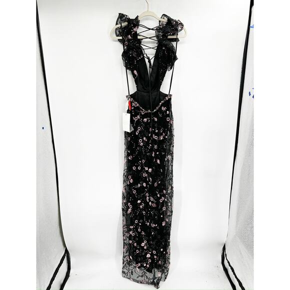 Mac Duggal 68043 Black Pink Beaded Lace Up Ruffle Gown Dress 4 NEW - Picture 2 of 8